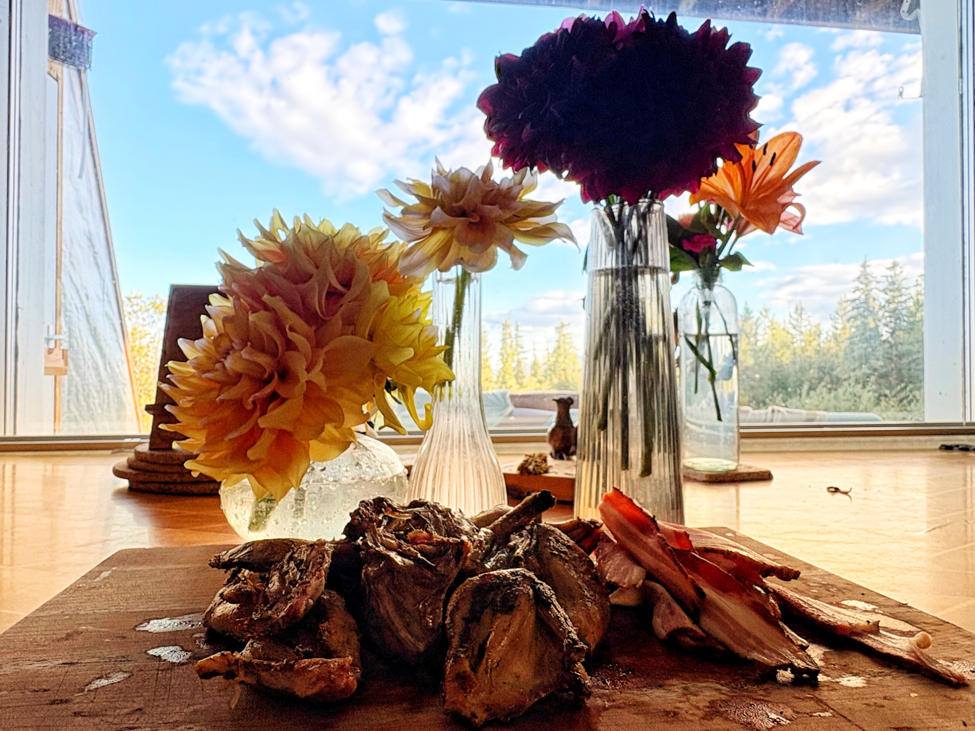 Roasted quail with home-cured bacon and homegrown dahlias in window light